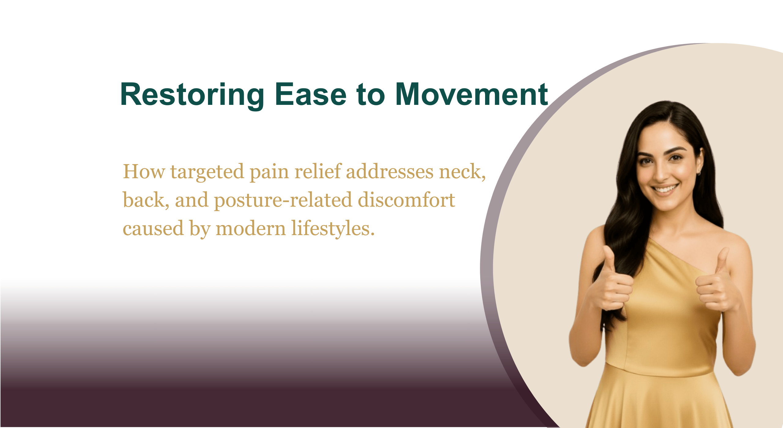 Woman smiling with thumbs up representing relief from neck and back pain, illustrating how Akshobh Veda Pain Relief Roll On supports spine mobility and modern body pain relief naturally