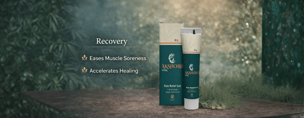 Akshobh Veda Pain Relief Gel with full spectrum Vijaya leaf extract, highlighting plant-based support for muscle soreness relief and post-workout recovery.